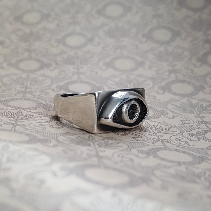 Square silver signet ring. Esoteric symbol, an eye is hand carved on the top, filling the square.
