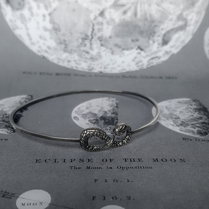 Thin ouroboros snake bangle in silver. 