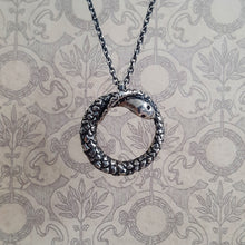 Load image into Gallery viewer, Ouroboros snake necklace, close up of pendant and chain.